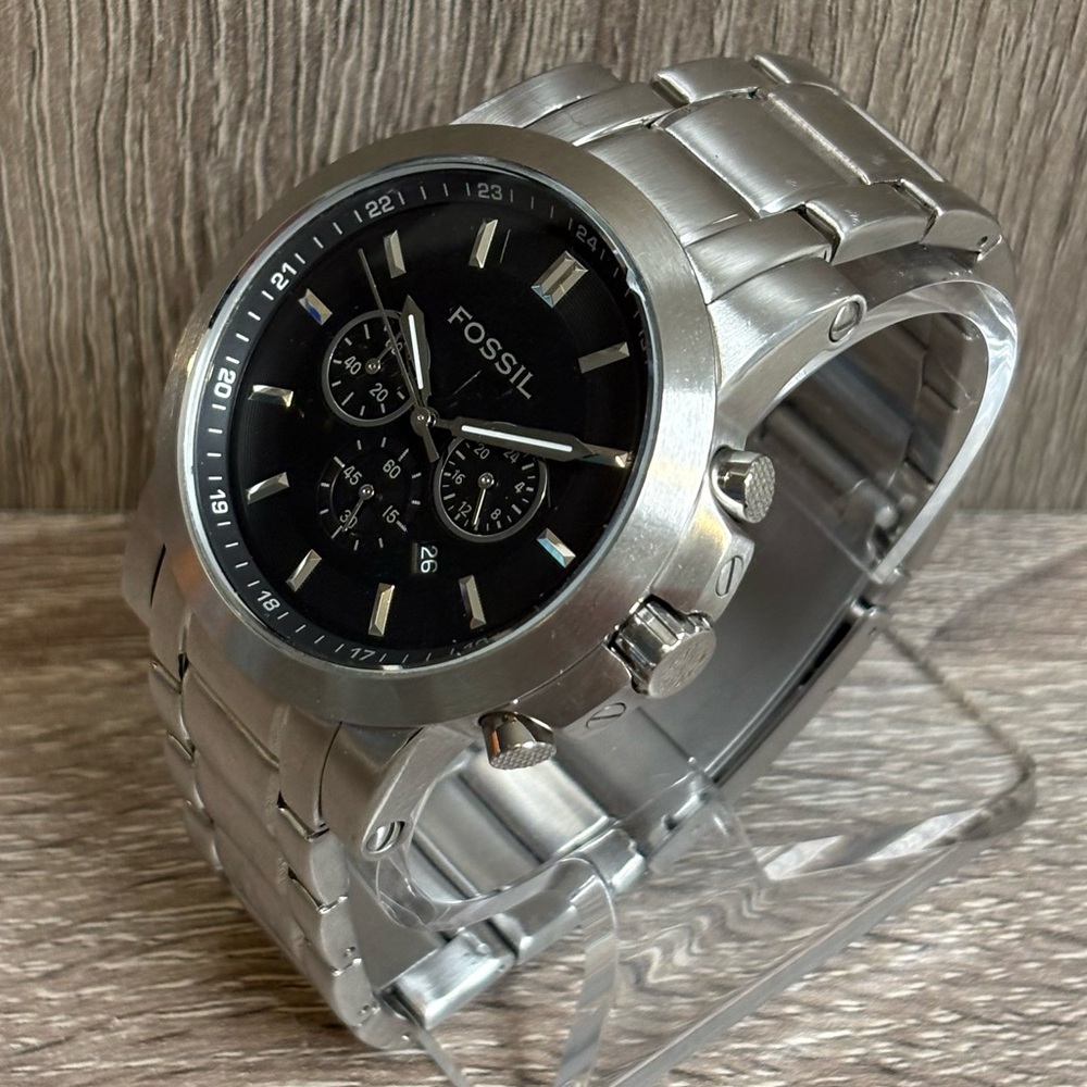 Black Fossil Chronograph Stainless Steel Silver Men’s Watch With New Battery